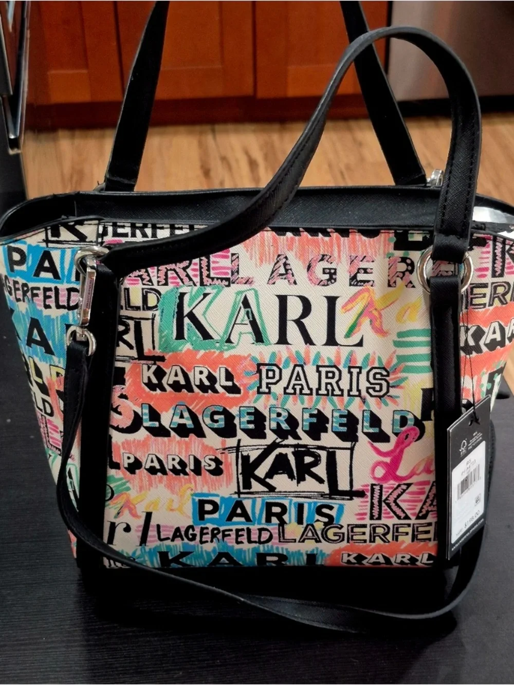 Karl Lagerfeld Black-Trim Multicolor Graphic Satchel